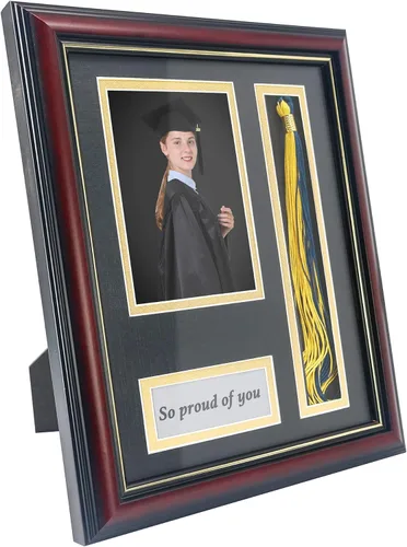 Vista 2 de GMFrames Marco de caja de sombra de fotos de graduación con soporte de borla para fotos de 4 x 6, vidrio real de madera maciza, doble paspartú negro