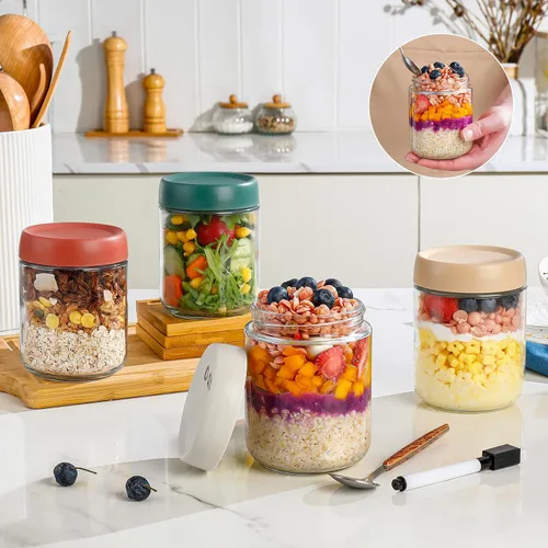 Vista 4 de DIMBRAH Recipientes para Avena Nocturna con Tapas, Frascos de Vidrio de 16oz con Tapas - Juego de 4, Práctico Recipiente de Avena para Llevar