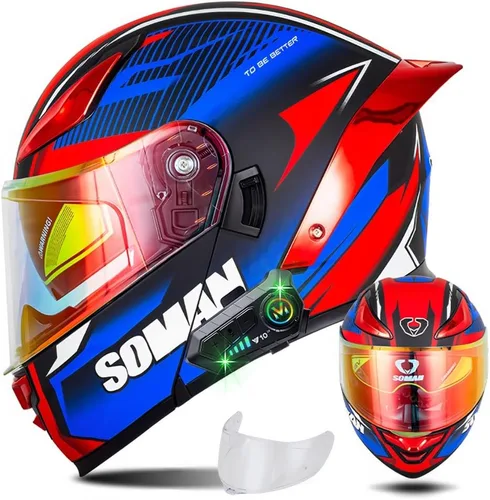 Vista 13 de Casco modular de motocicleta con Bluetooth, casco de motocicleta abatible de cara completa para hombres y mujeres con visera tintada y transparente