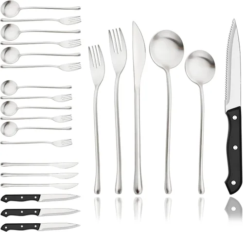 Vista 10 de JASHII Juego de cubiertos mate de acero inoxidable 304 de 24 piezas, incluye cuchillos para carne, servicio para 4, mango redondo, acabado satinado