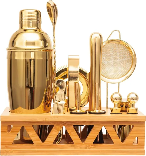 Vista 9 de Juego de coctelera para barman con soporte giratorio de bambú, juego de 11 piezas de accesorios de bar de acero inoxidable para mezclar bebidas