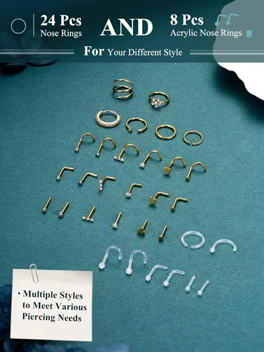 Vista 5 de THUNARAZ 32 anillos de nariz para mujeres y hombres – Retenedor de acero inoxidable quirúrgico hipoalergénico en forma de L transparente, recto