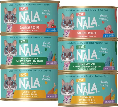 Vista 10 de LOVE, NALA - Comida húmeda natural para gatos adultos - Atún en copos con zanahoria y guisantes verdes en caldo - Sin granos, sin OMG, proteína