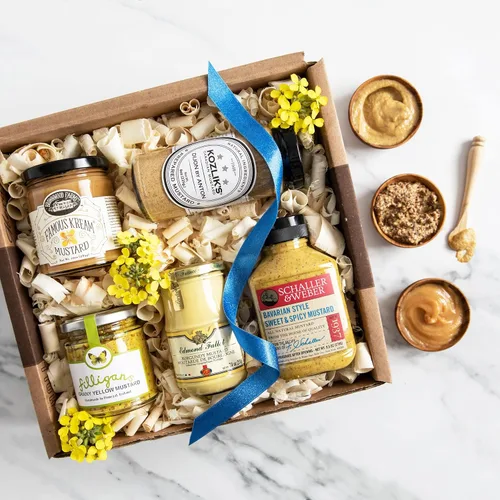 Vista 2 de igourmet Caja de regalo de mostazas del mundo: este surtido cubre una gran variedad de mostazas, incluyendo mostazas suaves, granuladas, dulces
