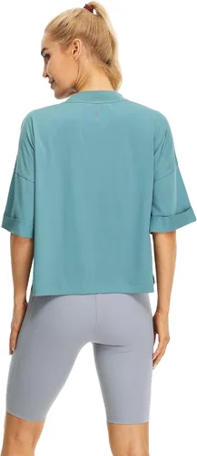 Vista 2 de icyzone Camisetas atléticas de entrenamiento de manga corta con cuello redondo para mujer