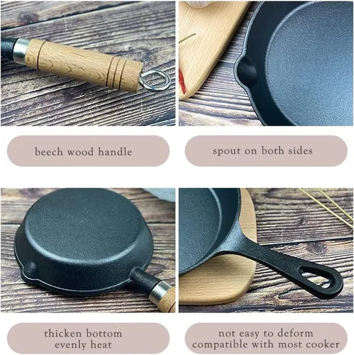 Vista 7 de CANDeal Mini sartén de hierro fundido con mango de madera resistente al calor, sartén para fajitas para barbacoa, tortilla, tapas y postres