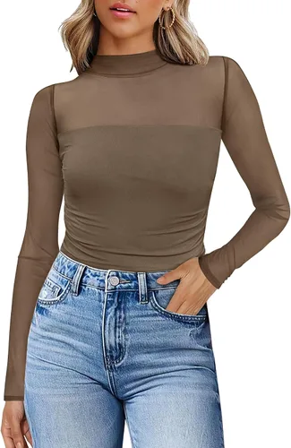 Vista 23 de Camisas de manga larga de malla sexy para mujer, ropa de moda, cuello de tortuga, drapeada, para salir, trajes de otoño, blusas ajustadas Negro