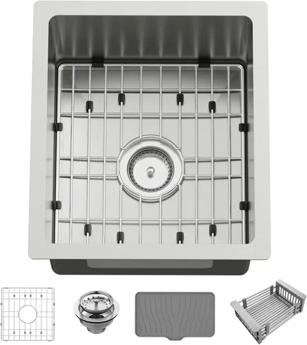 Vista 8 de Fregadero de cocina y bar negro de 15 x 17 pulgadas, fregadero de acero inoxidable con rejilla SS, alfombrilla de silicona, colador, colador