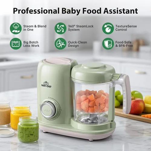 Vista 2 de Licuadora AMZBabyChef para fabricar alimentos para bebés: vaporizador 4 en Verde