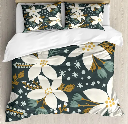 Vista 18 de Ambesonne Juego de funda de edredón natural, pájaros flamencos y palmeras en Miami, exóticos paisajes naturales tropicales, juego de ropa de cama