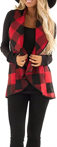 Vista 2 de Unidear - Chaleco con diseño de lana cuadriculada para mujer, chaqueta tipo cárdigan sin mangas, con solapa, frente abierto y bolsillos