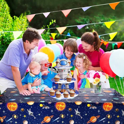 Vista 4 de Soporte de astronauta espacial para cupcakes, decoración de fiesta de cumpleaños con temática espacial, 3 niveles, soporte de cartón para cupcakes
