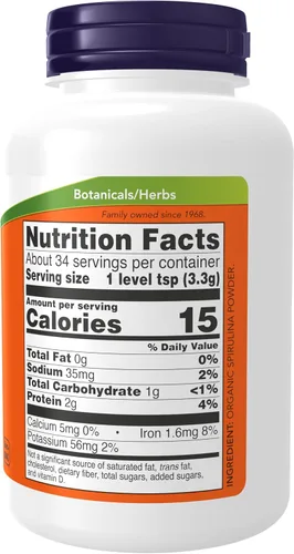 Vista 2 de NOW Suplementos, orgánico certificado, polvo de espirulina, rico en betacaroteno (vitamina A) y B-12 con GLA y clorofila naturales, 4 onzas
