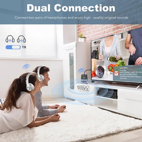 Vista 4 de Receptor transmisor Bluetooth, adaptador Bluetooth 5.3 2 en 1 para TV, avión, equipo de gimnasio, coches, PC, soporta 2 auriculares inalámbricos