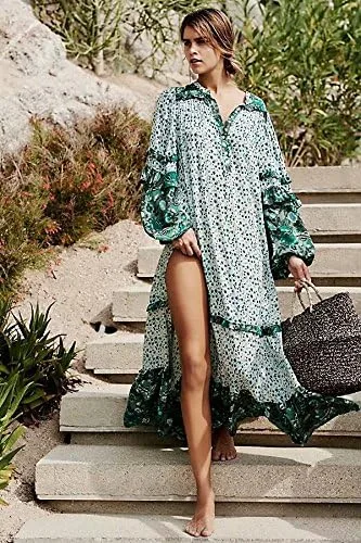 Vista 3 de R.Vivimos Maxi vestidos bohemios de manga larga con estampado floral y abertura para mujer