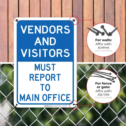 Vista 4 de Vendors & Visitors Report to Main Office Sign, 10x7 Inches, Rust Free .040 Aluminum, Fade Resistant, Easy Mounting, Indoor/Outdoor Use, Made in USA