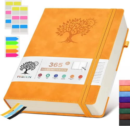 Vista 25 de PERCUN Cuaderno rayado A4, 365 páginas de gran tamaño, cuadernos de cuero para escribir para mujeres y hombres, cuaderno de tapa dura con páginas