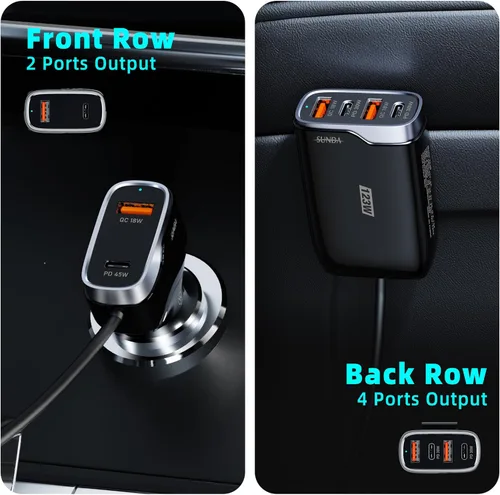 Vista 6 de 6 Puertos Múltiples Cargador de Coche USB C, Adaptador de Carga Rápida de Coche de 123W, PD 45W Compatible con iPhone17/Galaxy/Samsung S25, Cargador