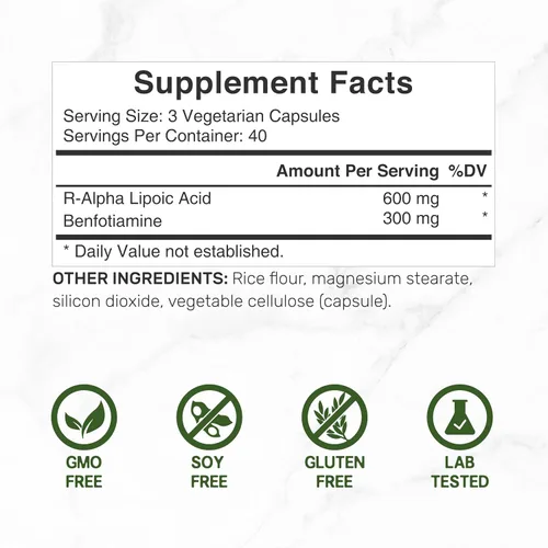 Vista 2 de DEAL SUPPLEMENT R Ácido alfa lipoico 600 mg con benfotiamina 300 mg por porción, 120 cápsulas vegetales – 200 mg de R-ALA por cápsula – Suplemento