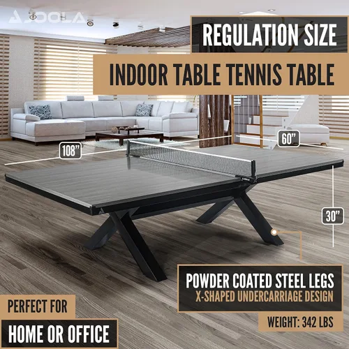 Vista 2 de JOOLA Brighton - Mesa de ping pong para interiores, tamaño reglamentario con red, asientos 10-12