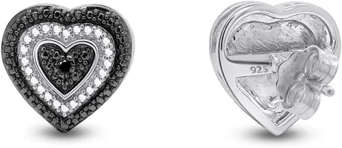 Vista 3 de Aretes con forma de corazón de diamantes naturales en blanco y negro en oro de 14 quilates sobre plata esterlina (0.02 quilates)