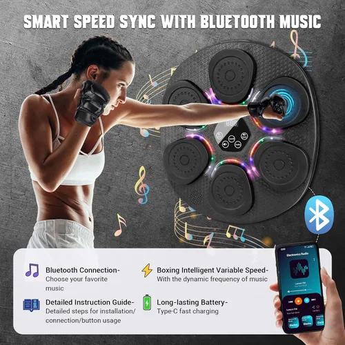 Vista 5 de Music Boxing Machine for Adults & Kids, Bluetooth Smart Boxing Wall Machine with Gloves, 9 Modes, 6 Speeds & 3 Sensitivity, Electric Light Up Music