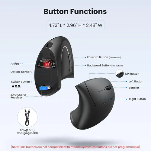 Vista 8 de TECKNET Ratón Ergonómico, Ratones Verticales Recargables 2.4G+Bluetooth 6 DPI Ajustables, Ratón Óptico Inalámbrico para Túnel Carpiano Mano Derecha
