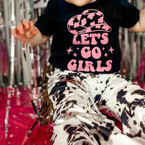 Vista 2 de Conjunto de sudadera vaquera occidental para niña pequeña, pantalones acampanados de vaca, ropa de otoño