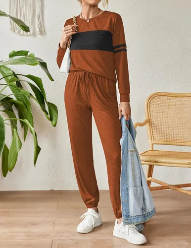 Vista 3 de Ekouaer Conjunto de pijama de manga larga con cuello redondo para mujer, conjunto de dos piezas con bolsillo