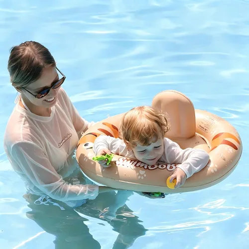 Vista 3 de Flotador inflable de natación para bebé con asiento seguro y toldo para niños de 6 a 36 meses beige dog