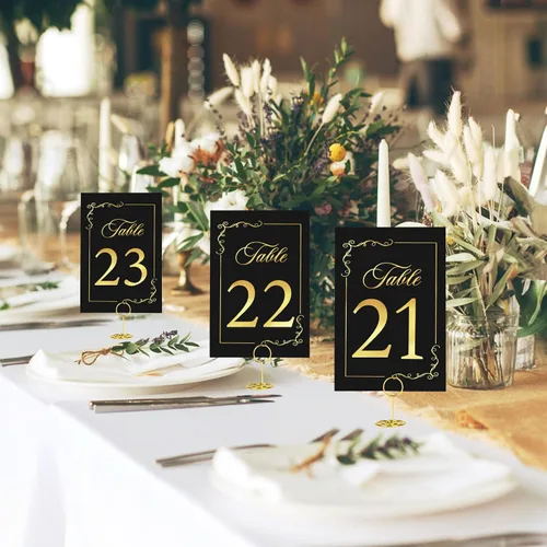 Vista 6 de JOYIT 21 juegos de tarjetas de mesa de boda del 1 al 20 y de la mesa principal con 21 soportes de números de mesas, tarjetas de números de oro negro