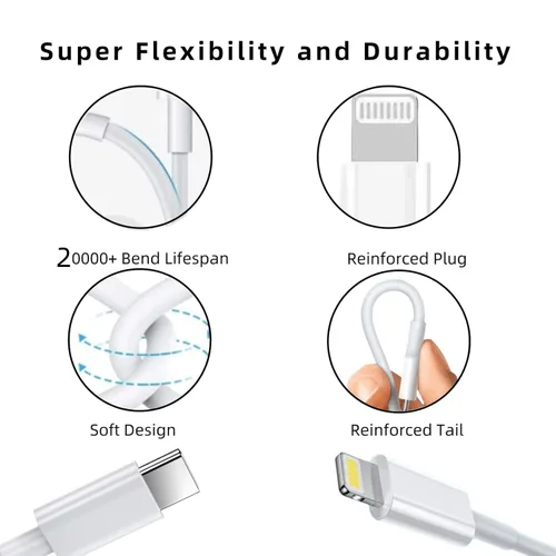 Vista 4 de Certificado MFi para cable USB-C a Lightning extralargo de 10 pies con cargador PD de 20 W, 1 paquete Cable de carga rápida de 27 W compatible