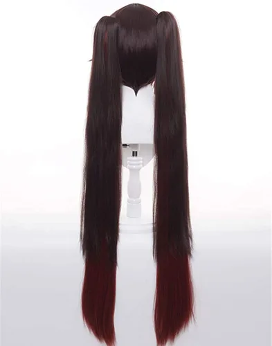 Vista 5 de Pelucas largas de cabello sintético con coletas marrones para Halloween con gorra de peluca gratis para fiesta (Hu Tao)