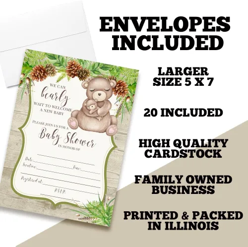 Vista 2 de AmandaCreation - Invitaciones para baby shower de Woodland Mom & Baby Bear para niños o niñas, 20 invitaciones de doble cara de 5 x 7 pulgadas