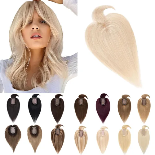 Vista 17 de SEGO Toppers para el cabello para mujer, cabello humano real con flequillo, 2.8 x 5.1 in, base de seda, 100% cabello humano Remy, clip en la parte