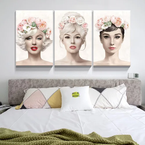 Vista 5 de Denozer Arte de pared en lienzo de 3 paneles con retrato de belleza de Marilyn Monroe, Audrey Hepburn y Brigitte Bardot, impresiones de cuadros