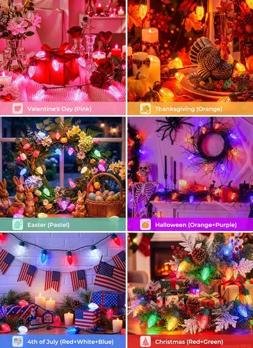 Vista 9 de Brightown Luces LED de Navidad C9 para exteriores, 50 LED RGB inteligentes para árbol de Navidad, sincronización de música, control por aplicación
