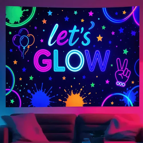 Vista 4 de Starlit Patio Let's Glow - Tapiz con luz negra, reactiva a los rayos UV, decoración de pared fluorescente con brillo de neón, 78 x 59 pulgadas