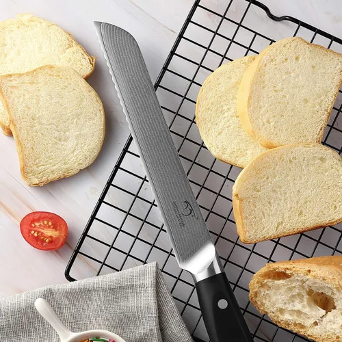 Vista 7 de Cuchillo de cocina Damasco, cuchillo de pan dentado de 8 pulgadas con mango ergonómico de madera antideslizante, afilado, ligero, control superior
