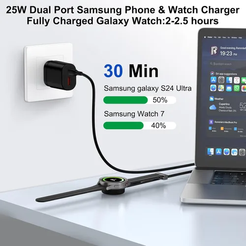 Vista 2 de Cargador de reloj USB C Samsung Magnético Cable de carga rápida para Galaxy Watch 8/8 Classic/7/Ultra/6/6 Classic/5 Pro/5/4/3/Active2,25W Dual USB C