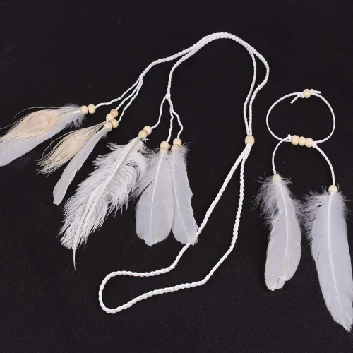 Vista 4 de Juego de 2 tocados bohemios hippies hechos a mano con plumas, tocado y brazalete, borlas de plumas indias gitanas, diadema para el cabello