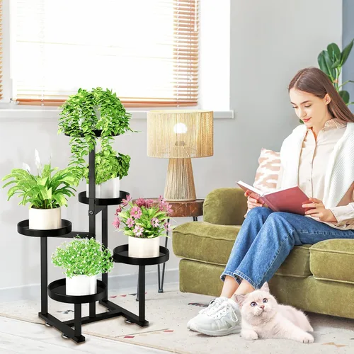 Vista 3 de Soporte de metal para plantas de 5 niveles para interiores, soportes de esquina escalonados para múltiples plantas, 27 pulgadas de alto, soporte