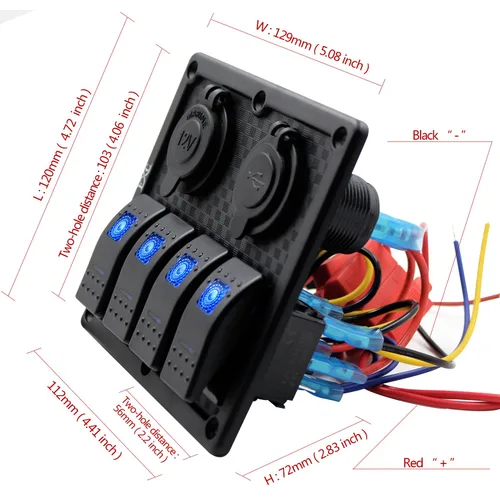 Vista 5 de Panel FXC impermeable, con ranura de doble puerto USB, fusibles de 4.2 A, visualización digital de voltaje, toma de encendedor y 4, 6 u 8 tipos