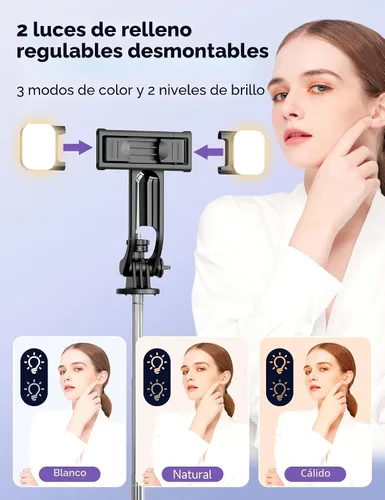Vista 2 de Trípode para selfie stick de 53 pulgadas con luz, palo selfie extensible con control remoto, soporte de trípode portátil para teléfono celular