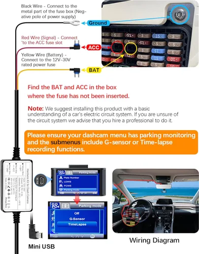 Vista 4 de Kit de cableado para cámara de salpicadero, 13.1 ft/13.12 pies, 12 V-24 V a 5 V 2.5 A, cargador de cámara de tablero de automóvil, cable