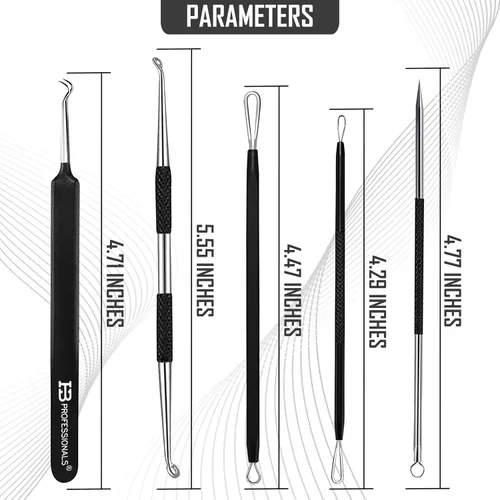 Vista 4 de Kit de herramientas para eliminar puntos negros, kit de 5 piezas, acero inoxidable de alta calidad, extractor de comedones de espinillas, extractor