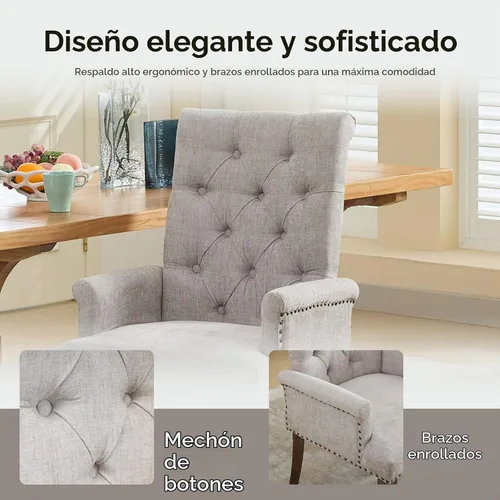 Vista 3 de Sillas de Comedor Tapizadas Acolchadas de Chenilla con Brazos y Ribete de Tachuelas – Marco y Patas de Madera Maciza, Estilo Granja Moderna