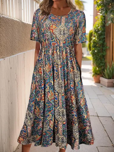 Vista 9 de Vestido largo con estampado floral para mujer, manga corta, con bolsillos, para uso casual de verano