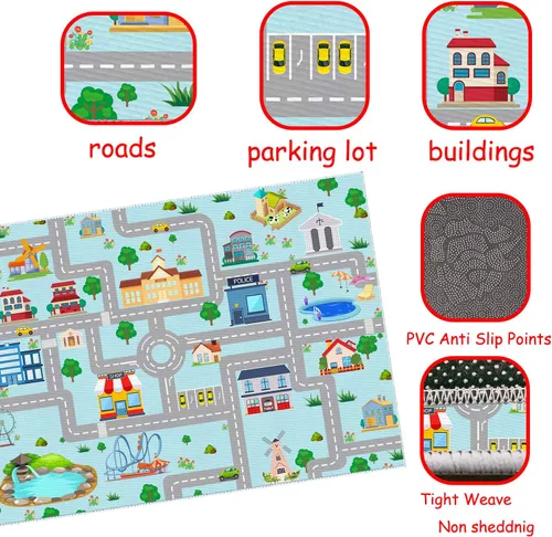 Vista 4 de Alfombra de coche para niños, 2 pies 7 pulgadas x 4 pies, alfombra de juego para trenes de autos de juguete, alfombra antideslizante para pista