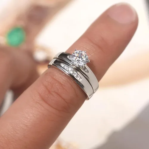 Vista 3 de Juego de anillos de boda solitarios de plata de ley con circonita blanca de 0.236 in (talla 5 a 10)